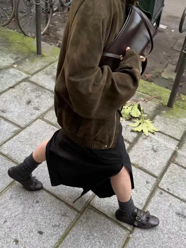 

Retro Suede Jaet Women's Loose Casual Lapel Zipper Hong Kong Sle ort Coat Series Autumn New Arrival