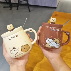 Creative Bear Ceramic Mug,Cute Cartoon Coffee Mugs with Lid Spoon,Breakfast Milk Drink Cups,Couple Water Cup,Office Tea Cup Set