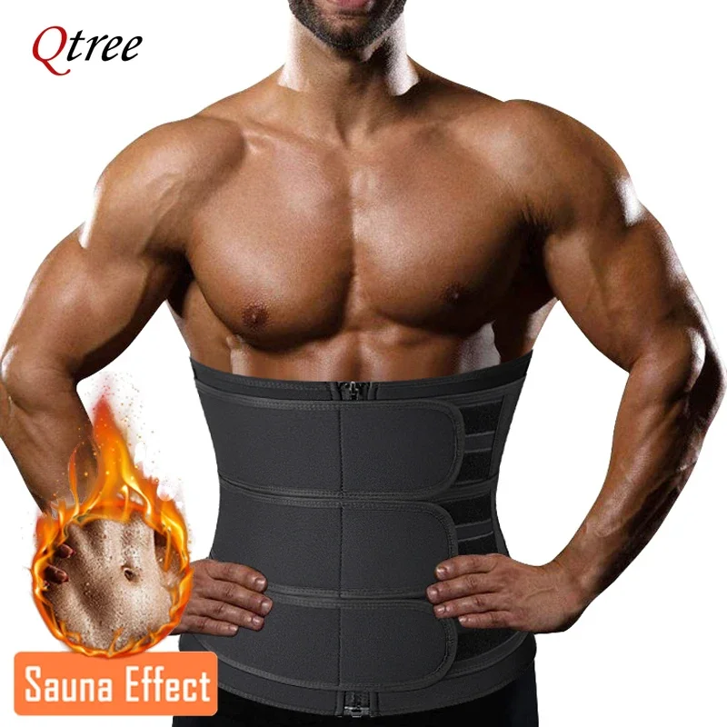 Qtree Men Neoprene Body Shaper Sauna Workout Waist Trainer Trimmer Belt for Weight Loss Sweat Belly Slimming Corset Shapewear