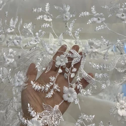 Mesh Fabric White Small Flower Pearl Lace Embroidery for Wedding Dress Designer Diy Sewing Material Cloth By The Meter