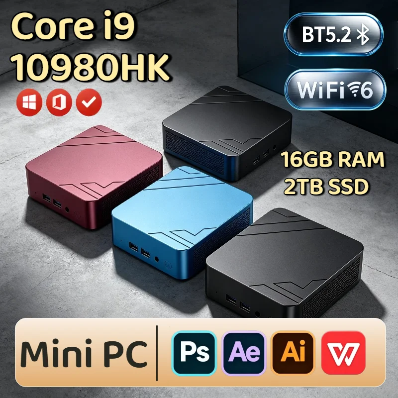Intel Core i9 10980HK Mini Desktop 16GB DDR4 2TB NVMe SSD Triple 4K Output WiFi6 BT5.2 High Performance Small Office Home Ultra
