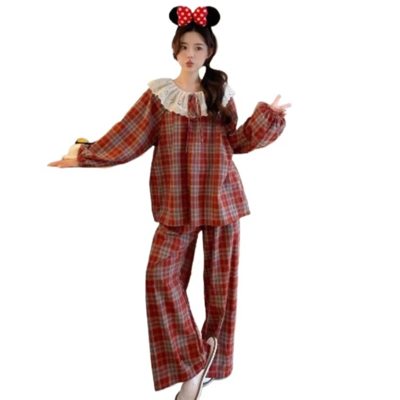 

Новинка 2026, красный клетчатый пижамный комплект с кукольным воротником, студенческая домашняя одежда Falbala, женская весенне-осенняя одежда для сна, свободная одежда для дома с решеткой