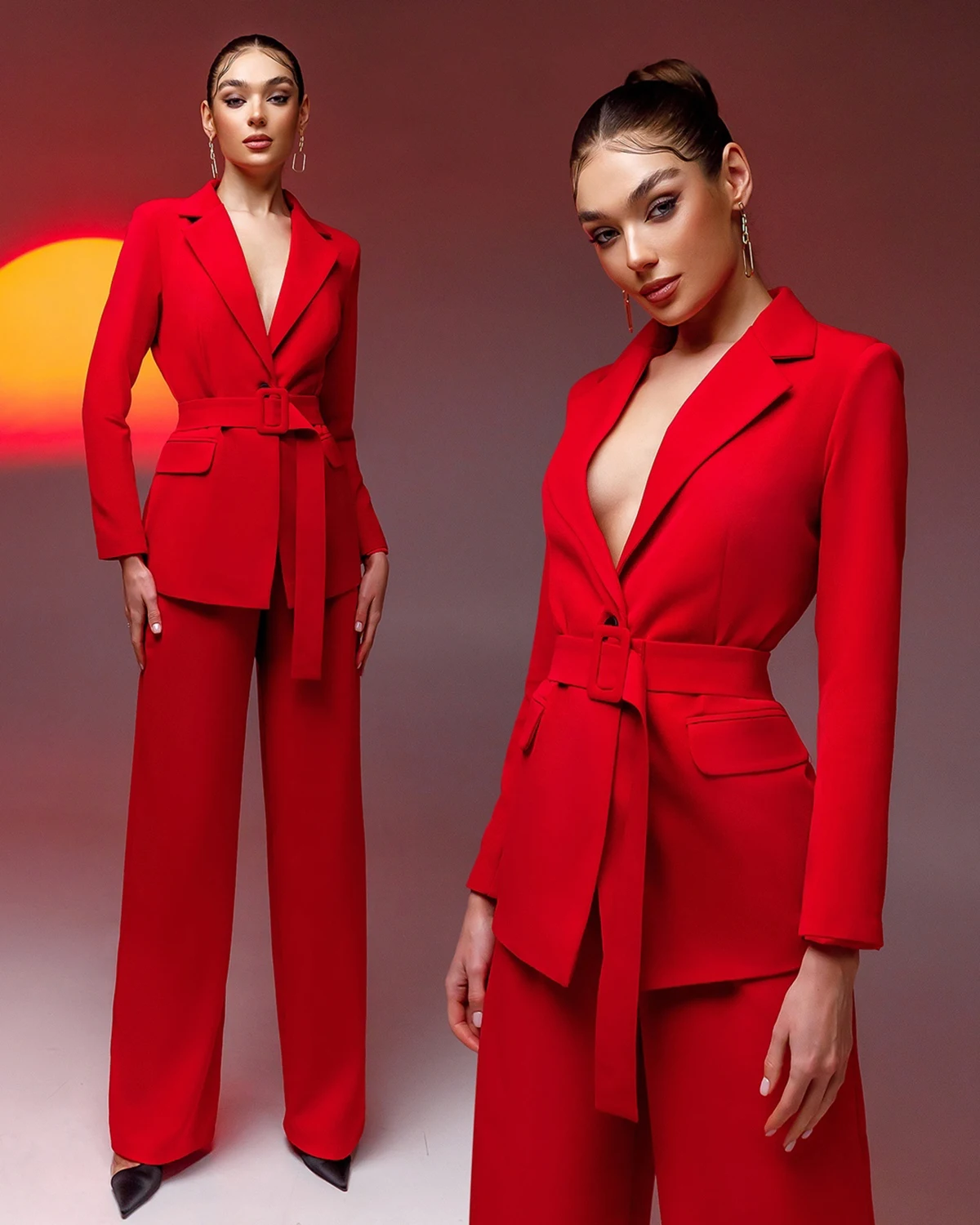 Customized Women Party Blazer Sets With Belt  Prom Evening Guest Photography Formal Wear Jacket Pants 2 Pieces