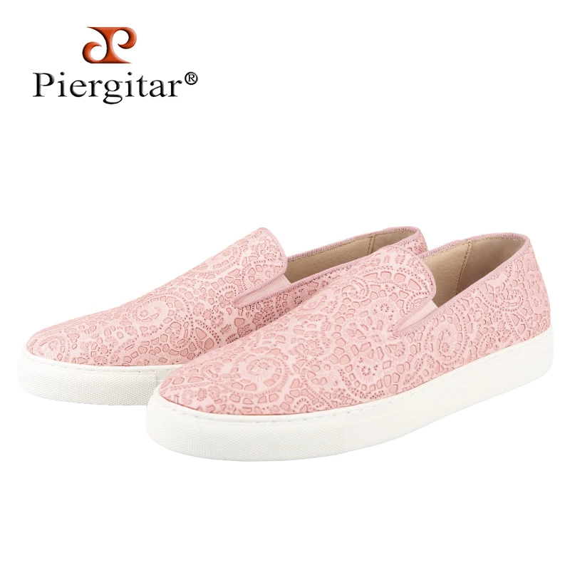 Piergitar Summer Style Pink Laser Engraved Calfskin Slip-On Sneakers Breathable Leather Insole Handmade Men's White Bottom Shoes