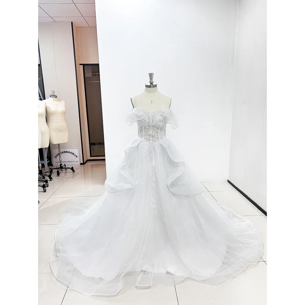 Exquisitos vestidos de novia de princesa con apliques y hombros descubiertos, vestido de baile de Tarin con capilla drapeada, vestido de novia elegante para ocasiones formales