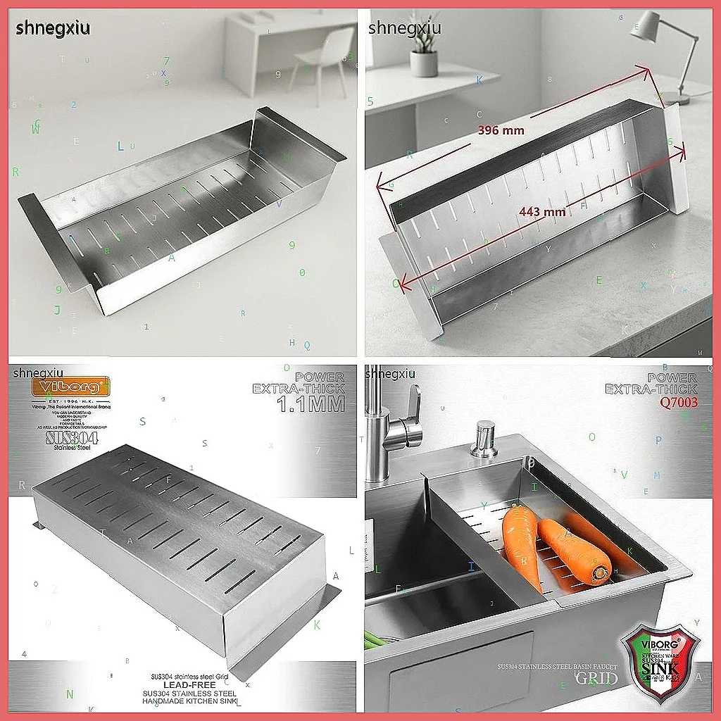 VIBORG 443x185x80mm SUS304 Stainless Steel Kitchen Sink Rack, Lead-Free Draining Basket & Strainer