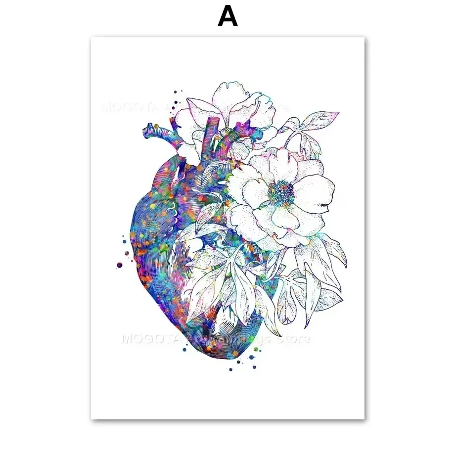 ألوان مائية زهرة القلب الدماغ الرئة الأضلاع DNA الجهاز تشريح المشارك الطبية طباعة جدار الفن قماش اللوحة صورة لعيادة ديكور
