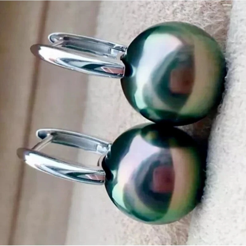 Magic AAAA 10-11mm Natural Tahitian Black Green Round Pearl Women's Earrings 925 Silver