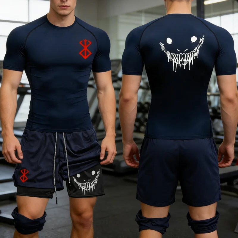 

Мужской фитнес-комплект, быстросохнущий спортивный костюм для тренажерного зала, комплект из двух предметов: шорты и футболка, костюм для бега и тренировок, комплект для бокса