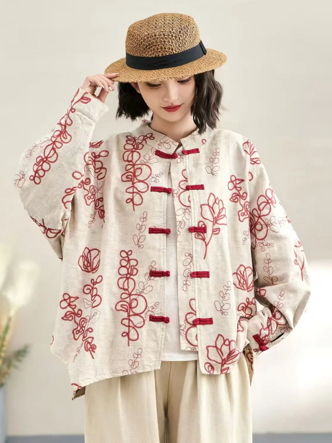 

Slimming Large Size Cotton Linen irt Jaet Artistic Print Loose Fit Faionable Autumn New Sle Women's Casual Wear