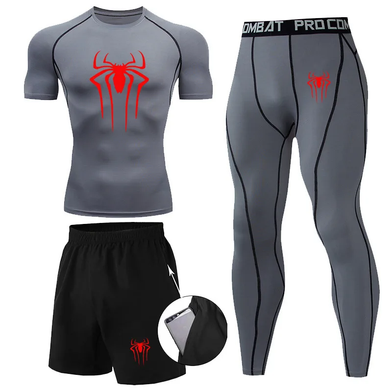 Men 3Pc Set Compression Sports Suit Spider Thermal Underwear Long Johns Clothes Running Tracksuit Wear Exercise Workout Tights