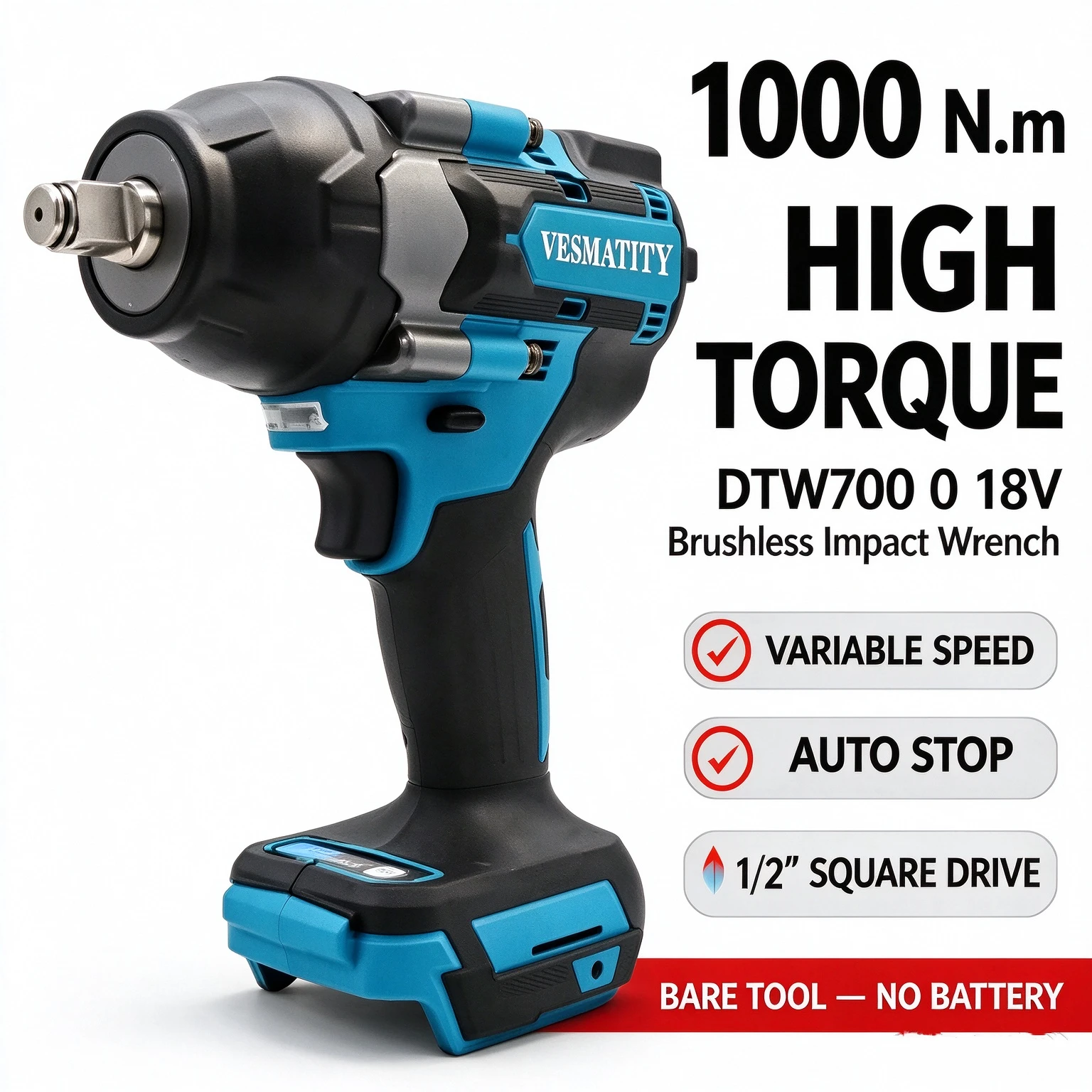 DTW700 Cordless Impact Wrench 18V Brushless Electric Wrench Variable Speed Auto Stop Durable 1/2 Inch Square Drive