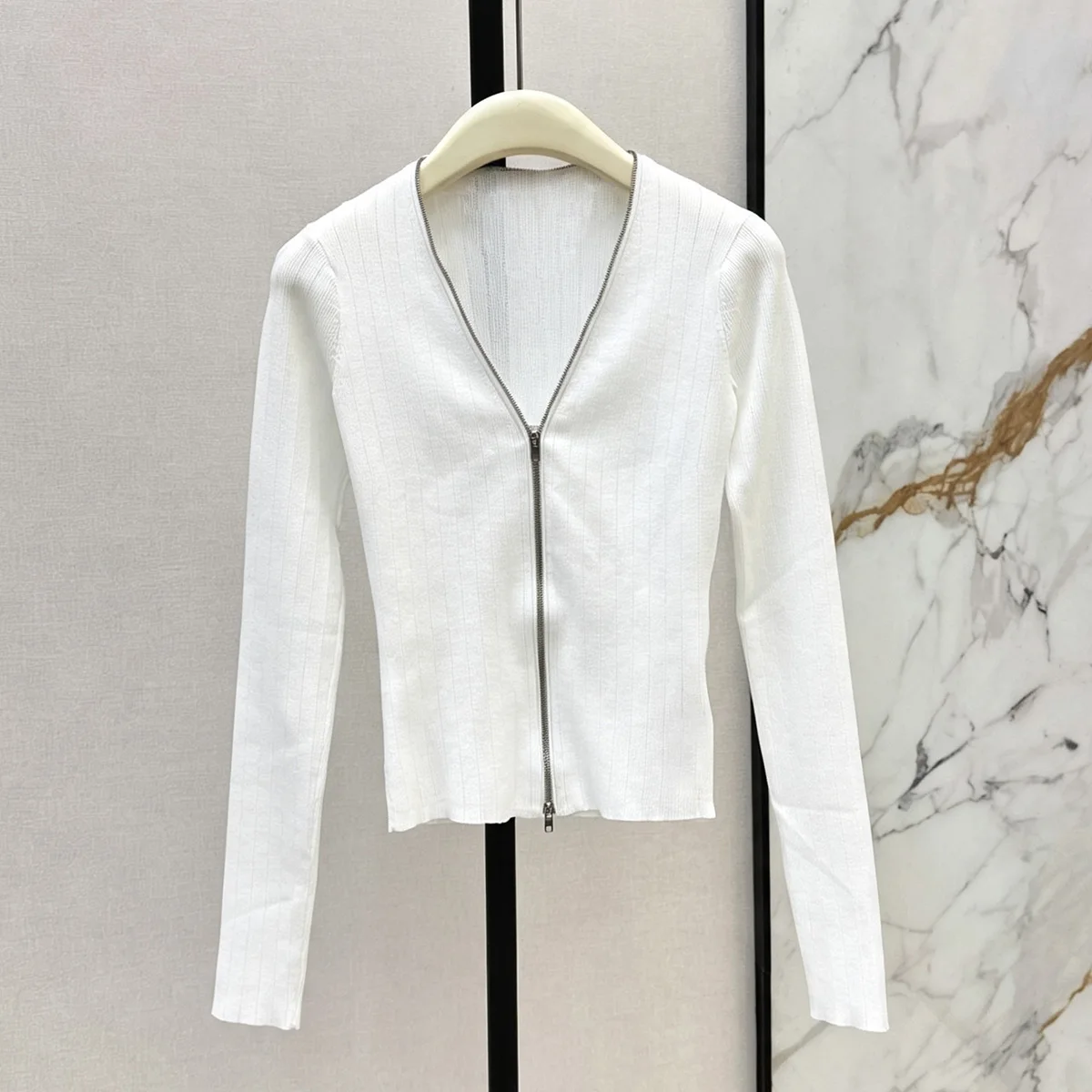 High Quality Women V Neck Double Zipper Long Sleeve Top Slim Fit Cropped Shirt Fashion Daily Basic Blouse lyt2672854
