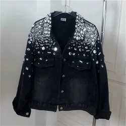 Heavy Industry Flash Diamond Bead Shining Black Cowboy Jacket, Women's, Street Diamond Jeans Coats, Girls Tops