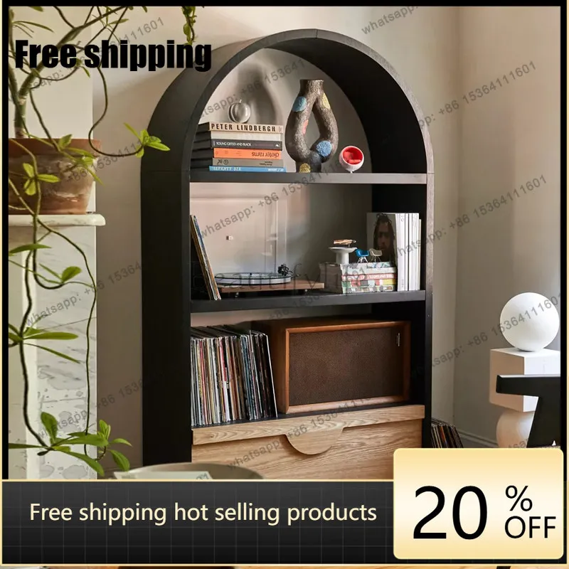 LD French Arched Bookshelf Vintage Solid Wood Side Cabinet Wabi Sabi Wind Storage Cabinet Display Rack