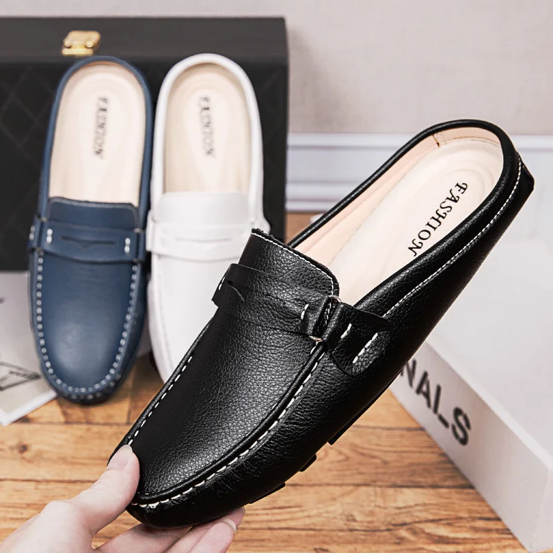 2022 Men Half Shoes Casual Luxury Brand Italian Handmande Slipon Men Driving Shoes Leather Summer Comfort Slippers Loafers White