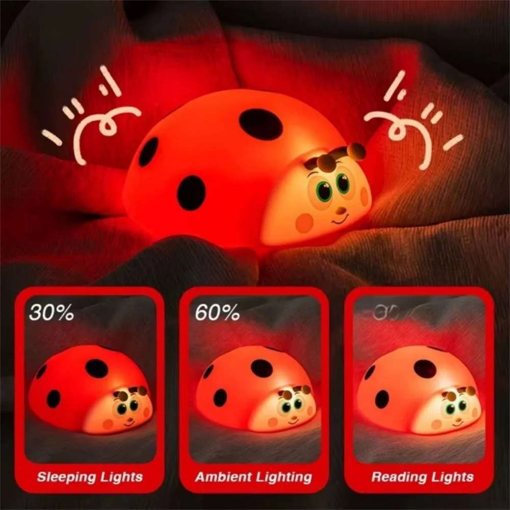 Touch Control Ladybug Night Light Squeezable Eye Protection Nursery Sleeping Lamp Type-C Rechargeable 3 Modes