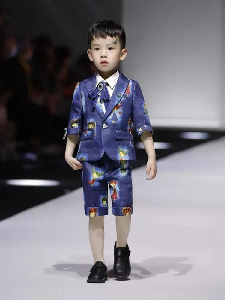 New Cartoon Print Children's Prom Suits Wedding Birthday Party Kids Piano Performance Boy's Blazer Sets A3965