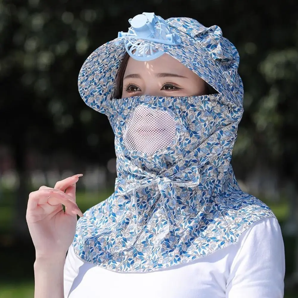 Fashion Large Brim Fan Camping Hat Breathable Full Face Sunscreen Hat with Electric Fan Anti-UV Face Hood Hat Women