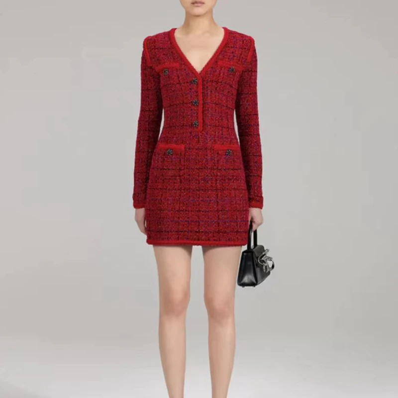 

Women's Tweed mini dress v-neck long sleeve slim dress