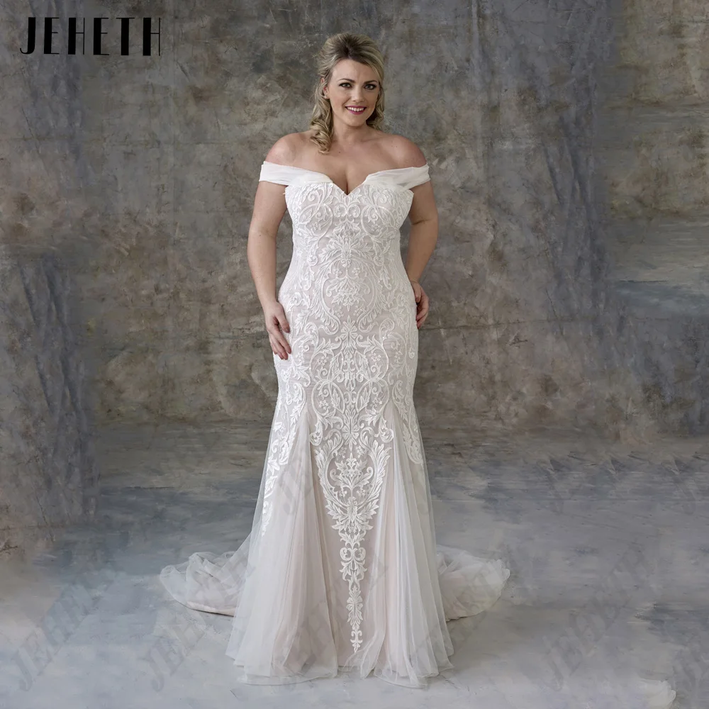 JEHETH Civil Mermaid Wedding Dresses Off Shoulder V-Neck Lace Applique Bride Gowns Tulle Plus Size Elegant vestidos de novia