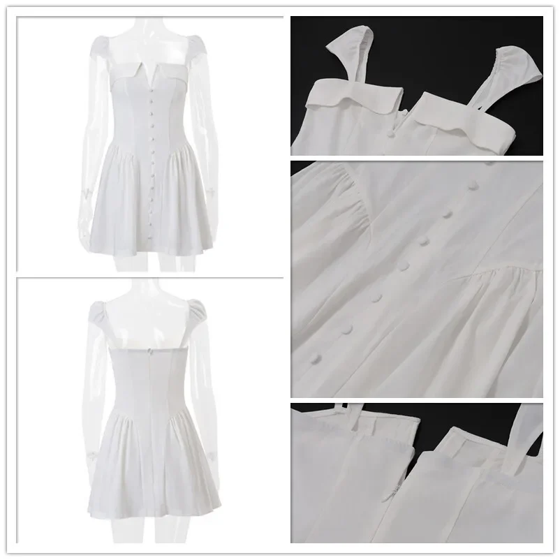 Vestido Sexy de corte a con escote cuadrado y escote en V profundo para mujer, vestido de fiesta con botones y manga corta de burbuja, Mini vestido ajustado de verano