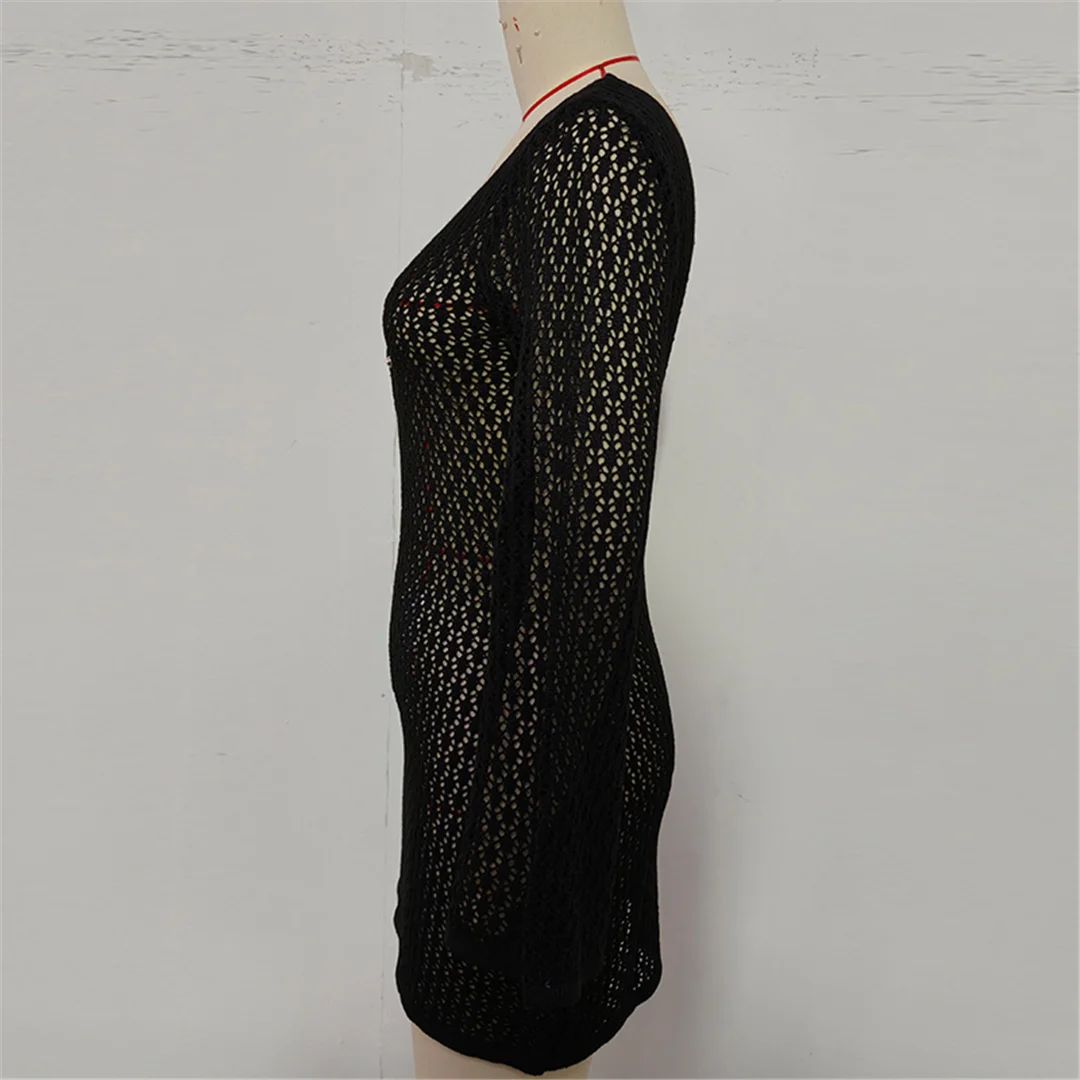 V-Ausschnitt, lange Ärmel, mit Ausschnitten versehene, gehäkelte Tunika, Strandkleid, Strandmode, Damen V7643 – Detail 27