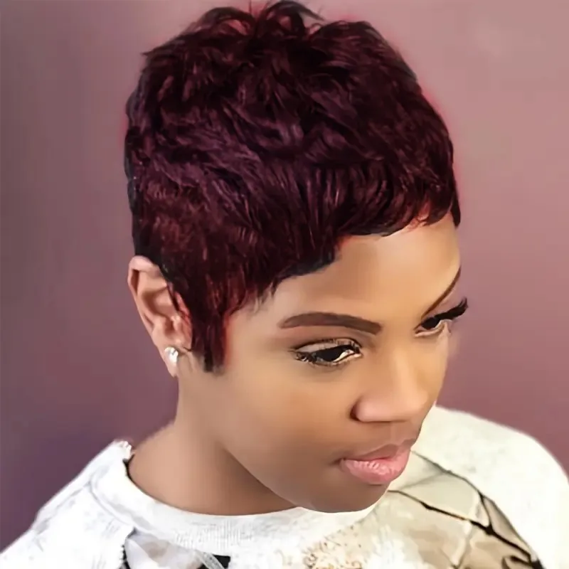 짧은 브라질리언 스트레이트 인모 레이어드 풀 머신 메이드 픽시 가발 (앞머리 포함) 여성용