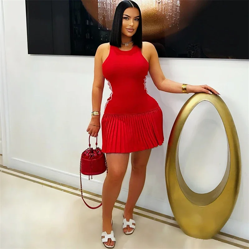 Casual de malha verão plissado a linha mini vestido mulher sem mangas o pescoço fino lado listrado elástico festa clube vestidos streetwear