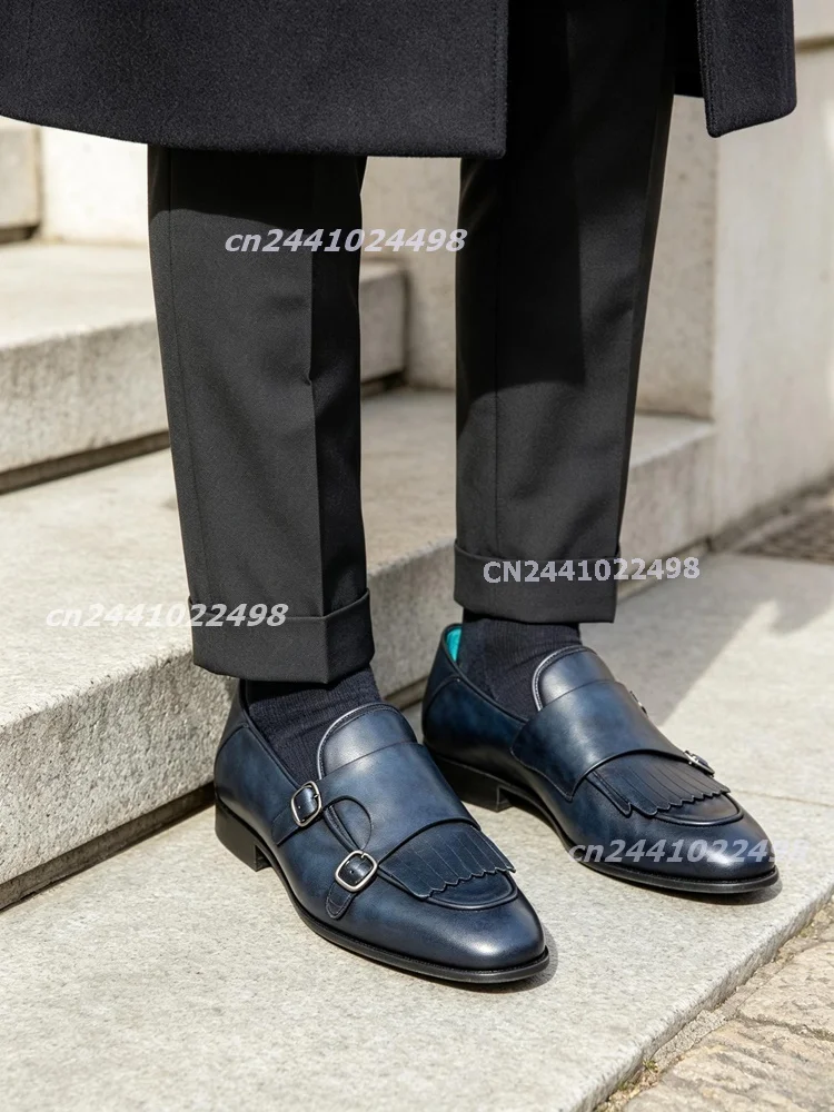 Men's Double Monk Strap Loafers Tassel Slip On Shoes Buckle Strap Faux Leather Low Heel Round Toe Business Meeting Dress Shoes