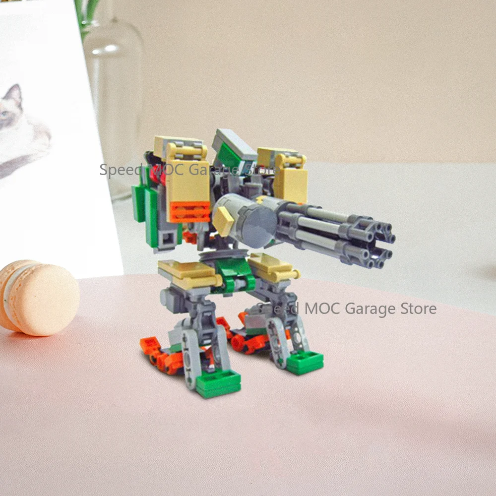 High-Detail Green-Yellow Heavy Gunner Mecha MOC Set, Sci-Fi Sentry Robot Building Blocks, Articulated Combat Mech with Multi