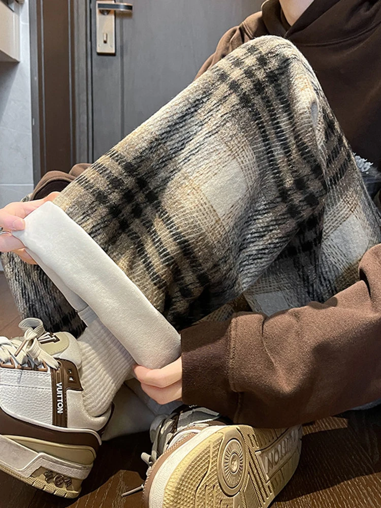 

Мужские шерстяные брюки в клетку, осенне-зимние, прямого кроя, свободные, на флисовой подкладке, повседневные, длинные, модные, молодежные