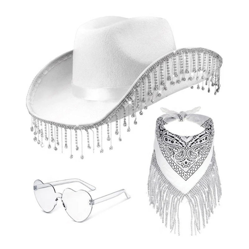 Y166 Western Cowboy Hat Eyewear for Bridal Shower Cowgirl Headscarf Costume Set Female Headwear Night Club Halloween Outfit