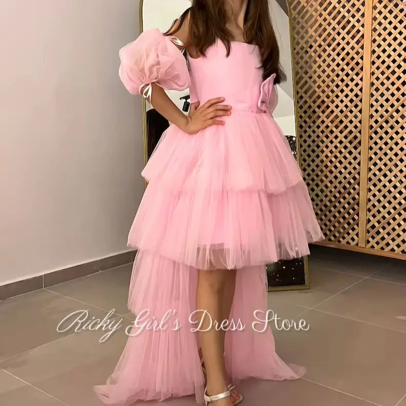 Customized Pink A Line High Low Fluffy Layered Tulle Flower Girl Dress For Wedding Party Spaghetti Straps Girls' Evening Dress