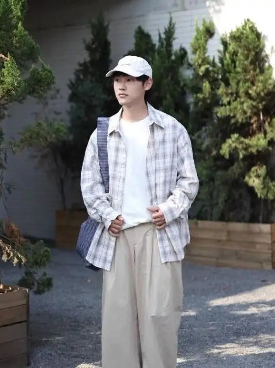 

Мужская рубашка с длинным рукавом, весенне-осенняя, в клетку, с высоким воротником, модная, в японском стиле, с отложным воротником, для молодежи