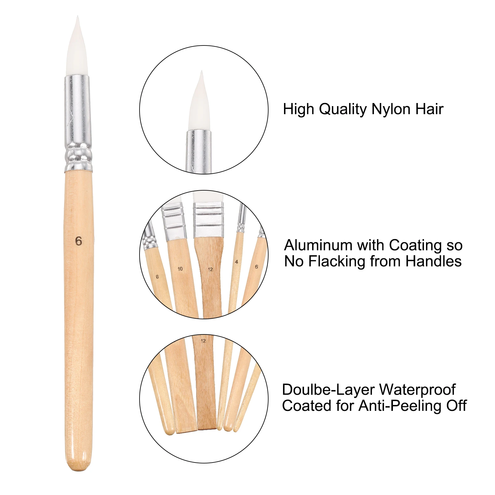 6Pcs Painting Brushes Set Assorted Sizes Nylon Hair Paint Brush Pen Art Painting Brushes with Wooden Handles for Oil Watercolor