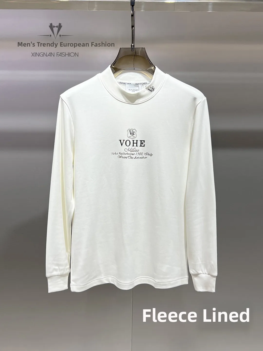 

Модная мужская белая толстовка с флисовой подкладкой, длинными рукавами и воротником-стойкой, терморубашка приталенного кроя, универсальная базовая модель