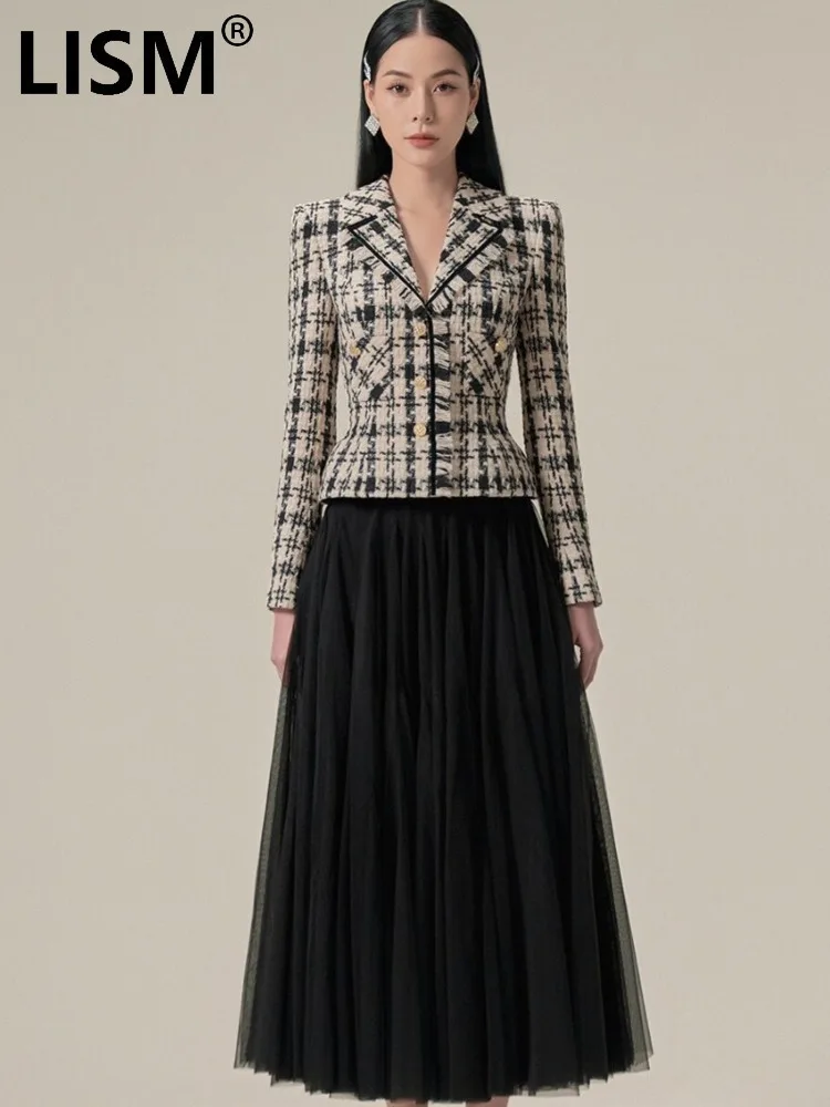 

LISM Fashion Women's 2 Pcs Set Notched Collar Single Breasted Plaid Short Coat Gauze Loose Skirt Elegant Suit 2024 Autumn New