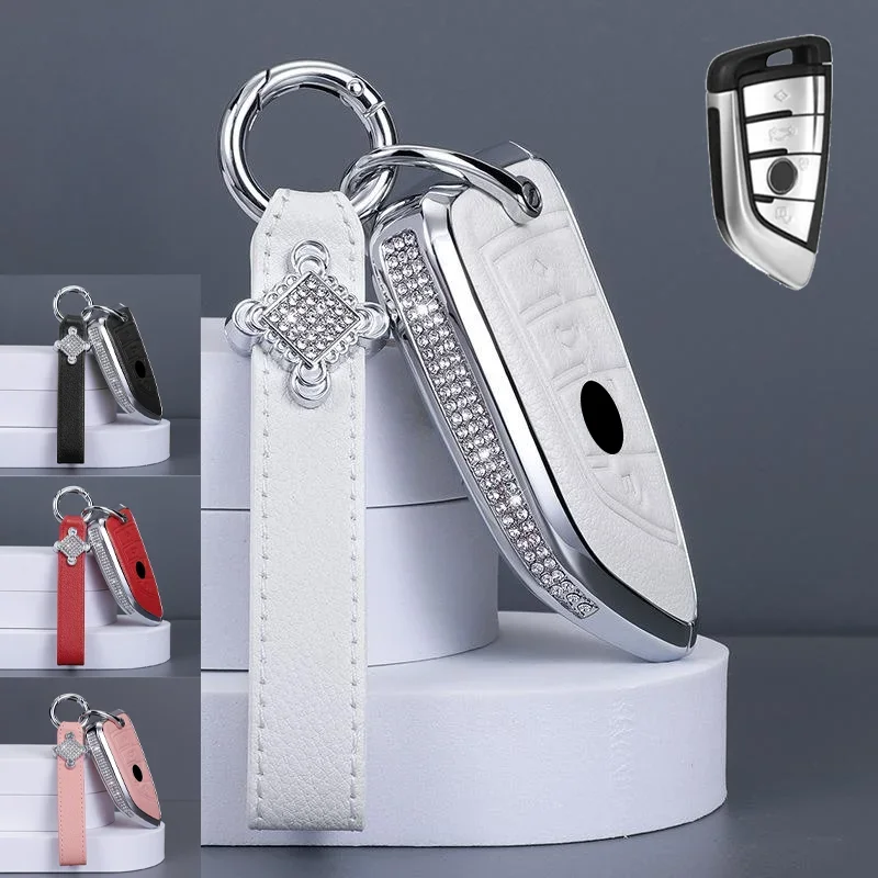 Bling Diamond Leather Metal Car Remote Smart Key Fob Case Cover Holder Bag For BMW 1 2 3 4 5 6 7 Series X1 X2 X3 X4 X5 X6 X7 M5