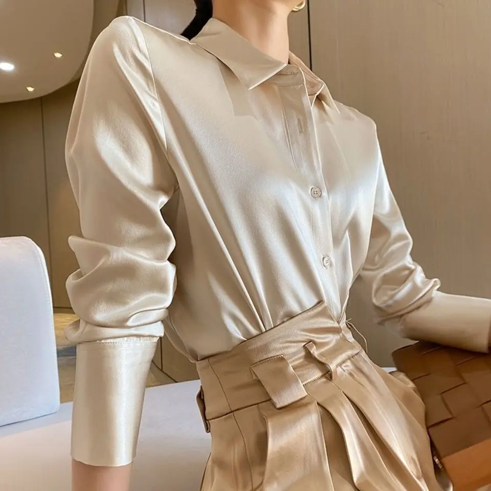 

Senior Satin Spring Autumn Basic Turn-down Collar Women Long Sleeves Tops Fashion Office Aesthetic Elegant Single Breasted Shirt