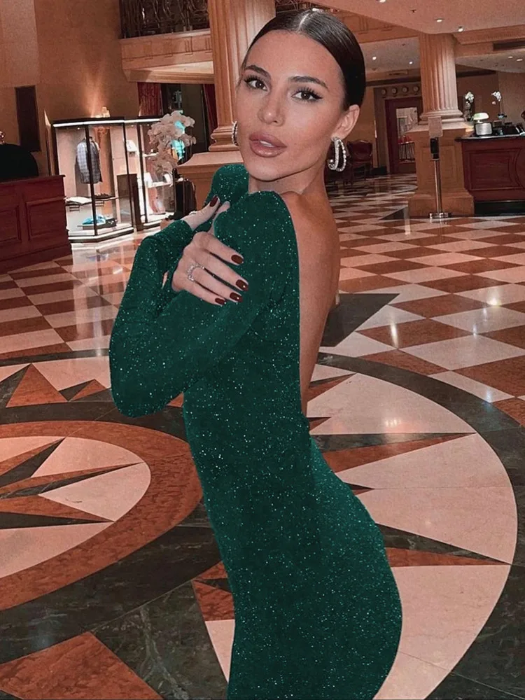 Mozision Glitter Backless Ruches Midi Jurk Voor Vrouwen Robe 2023 Nieuwe Volledige Mouw Bodycon Shiny Party Lange Jurk Vestido