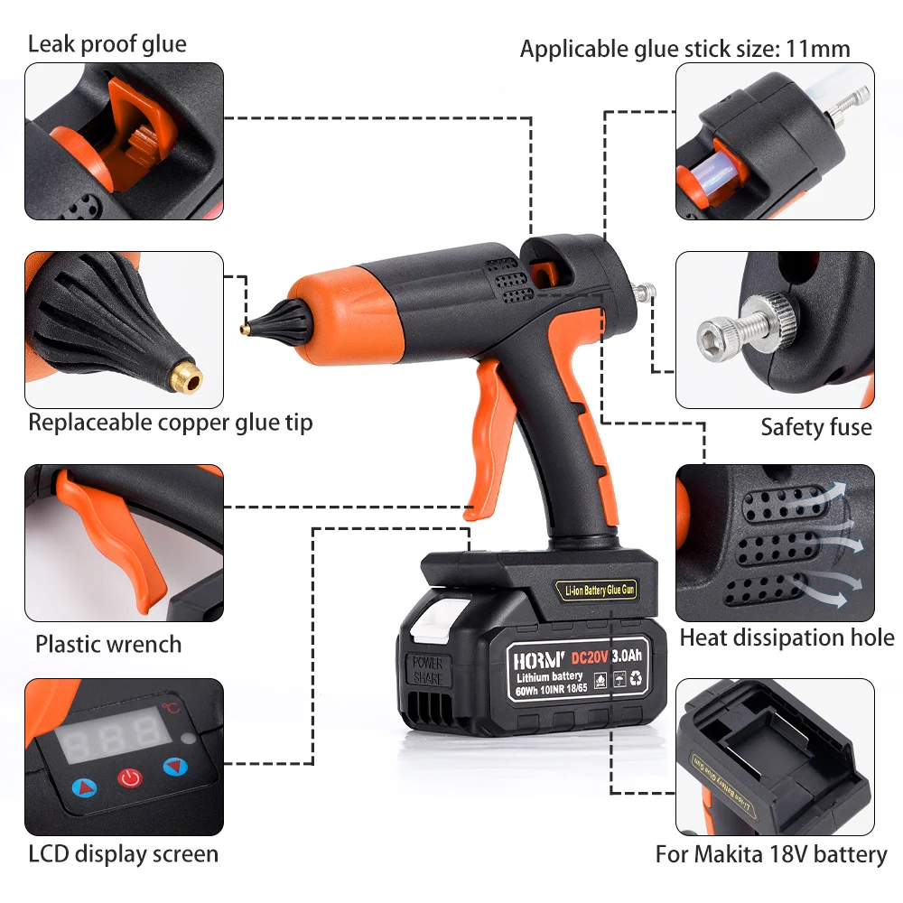 Electric Hot Melt Glue Gun Rechargeable Air Gun Suitable 11mm Glue Stick Hot Melt Welding Repair Tool For 18V Makita Battery