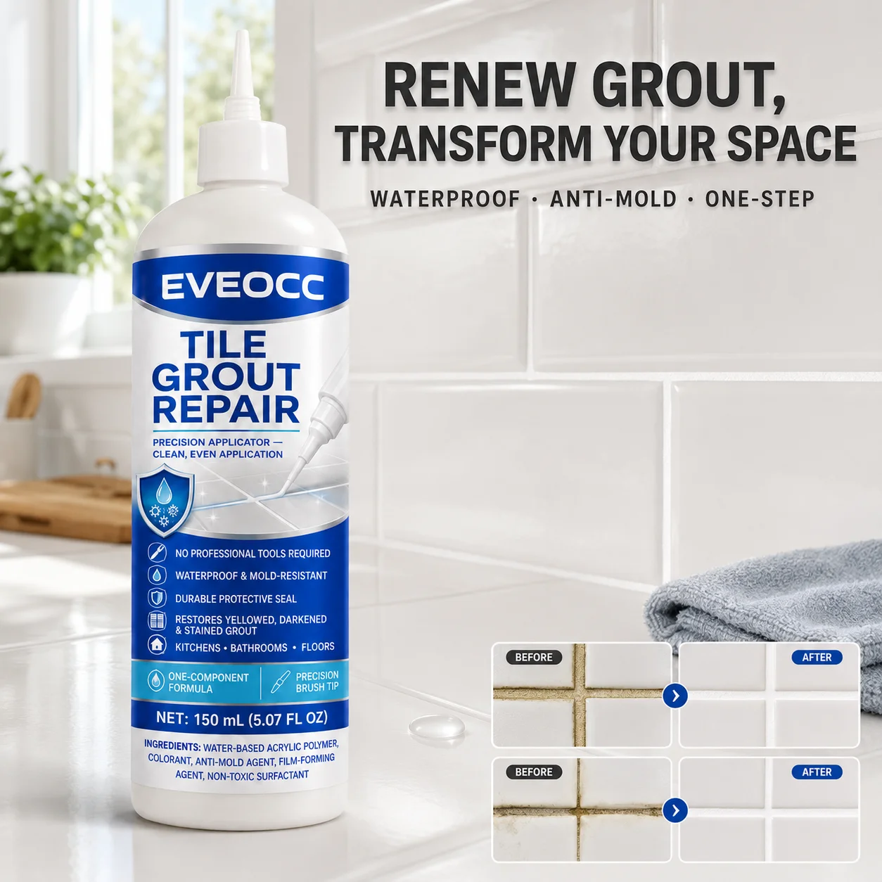 1. Grout Repair Filler for Tile, No Professional Tools Needed, Durable Waterproof Seal for Kitchens Bathrooms Floors