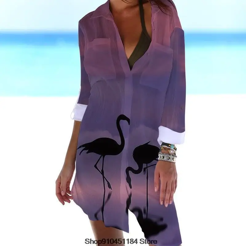 

Summer Casual Long Sleeve Lapel Blouse Fashion Flamingo Print Button Up Pretty Long Shirt Women Beach Vacation Style Tops