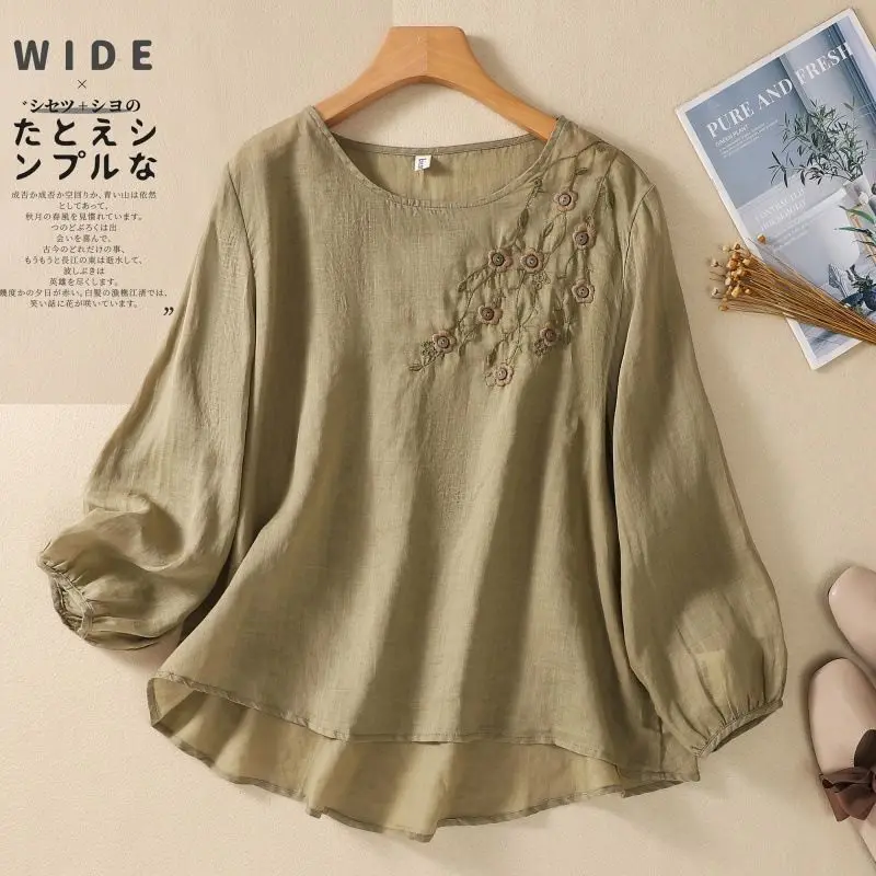 

Spring Summer New Round Neck Fashion Long Sleeve T-shirt Women Vintage Elegant Pullovers High Street Embroidered Loose Chic Top