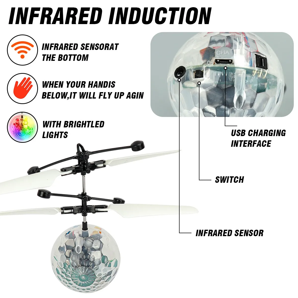 Светодиодная подвеска, хрустальный шар, инфракрасный индукционный радиоуправляемый контроль жестов, красочные светящиеся игрушки, уникальный подарок для детей