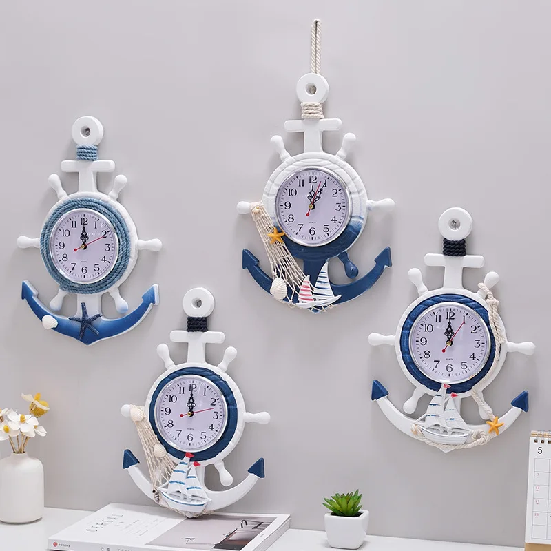 Mediterrean-Style Blue And White Rudder, Helmsman, Anchor, Creative And Personalized Wall Clock And Clock Decoration