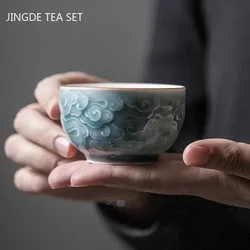 1Pc Chinese Ceramic Teacup Handmade Relief Cup Household Porcelain Tea Cup Travel Personal Single Cup Wine Mugs Teaware