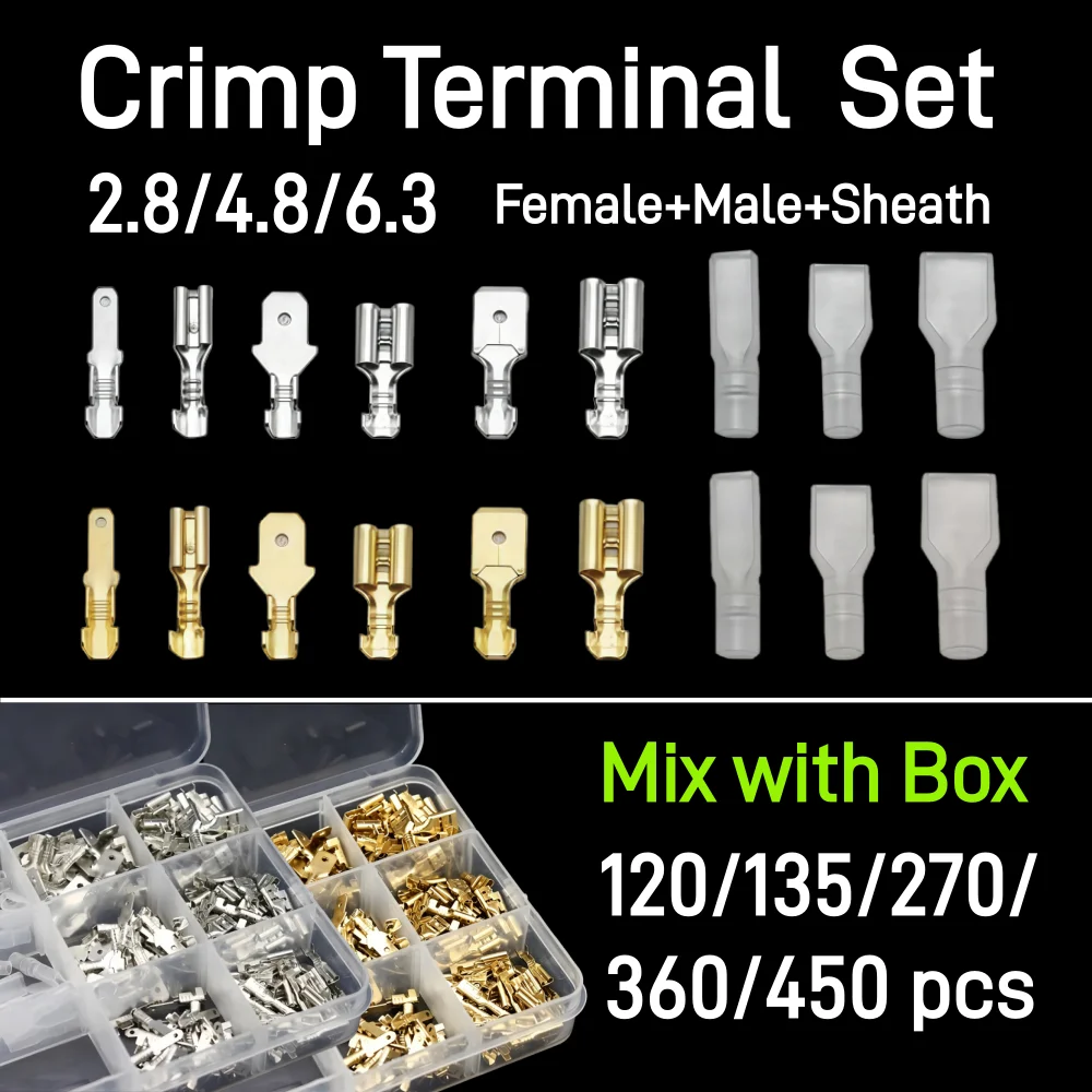 120/135/270/360/450pcs 2.8/4.8/6.3mm Quick Splicing Male and Female Wire Shovel Connector Crimping Wiring for Car Audio Speakers