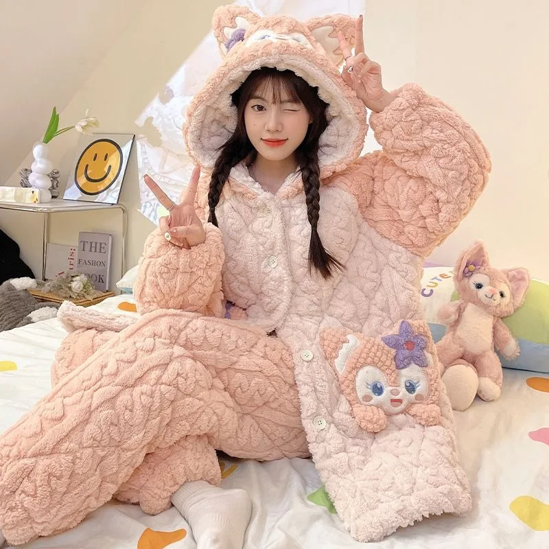 New Cartoon Kawaii Girl Heart LinaBell Series Pajamas Disney Cute Autumn and Winter Warm Thickened Casual Homewear Set Wholesale